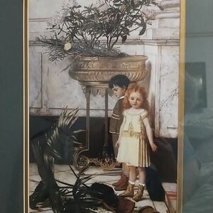 Jan Verhas Belgium Painter 1917 "The  Broken Flower Pot" Print 1876 Matted Frame